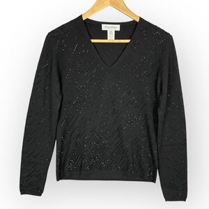 VTG Brooks Brothers Womens Black Beaded 100% Wool Sweater Size M Party Hong Kong